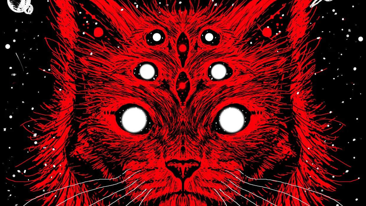 A six-eyed red cat rendered in fine linework, staring out from a starfield with ringed planets around it.
