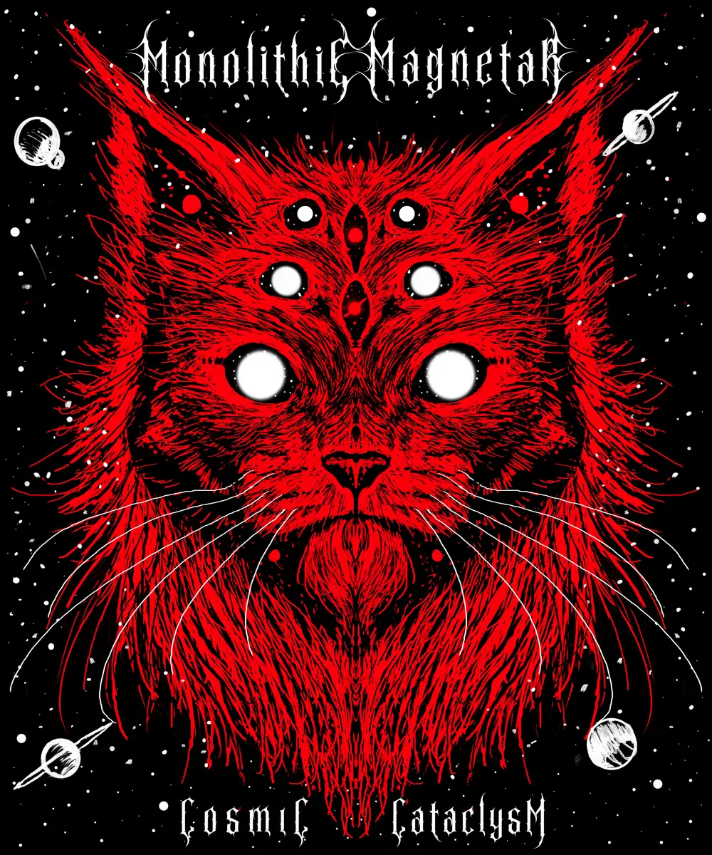A six-eyed red cat rendered in fine linework, staring out from a starfield with ringed planets around it.