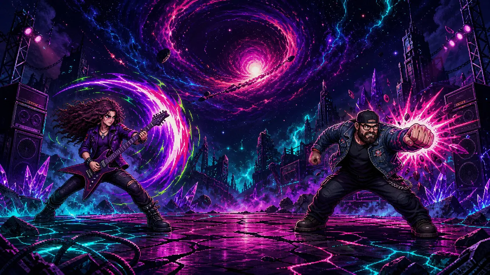 Pixel-art splash: two metal musicians squaring off on a cracked neon plain, amp stacks either side and a magenta spiral galaxy overhead.