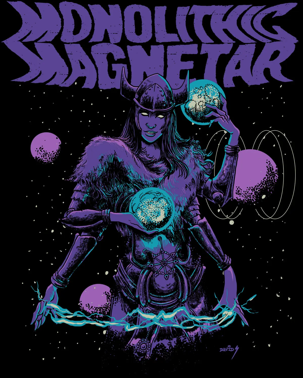 An armoured warrior in violet and teal holding glowing orbs, standing in deep space beneath the Monolithic Magnetar logo.