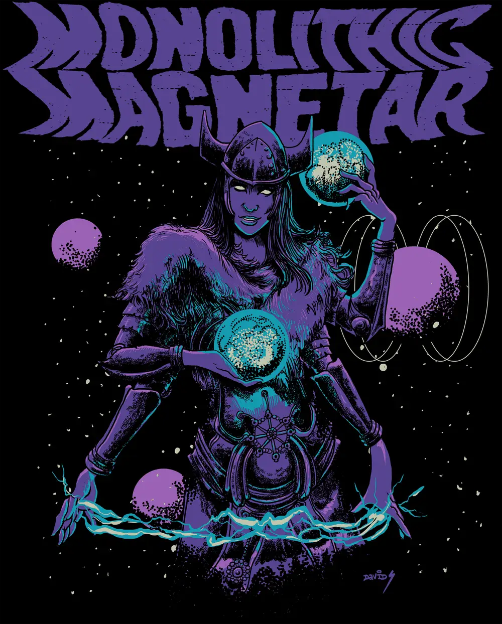 An armoured warrior in violet and teal holding glowing orbs, standing in deep space beneath the Monolithic Magnetar logo.