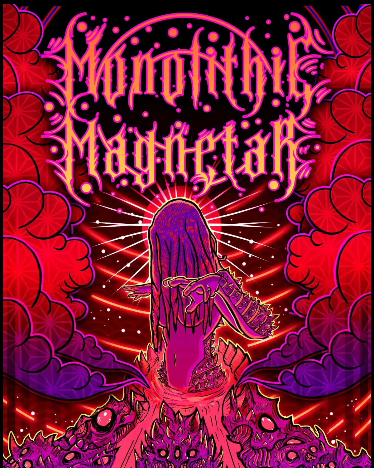 A veiled figure rising from an erupting volcano in magenta and orange, surrounded by monstrous stone faces.