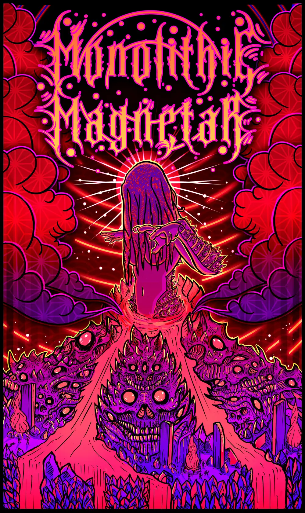 A veiled figure rising from an erupting volcano in magenta and orange, surrounded by monstrous stone faces.